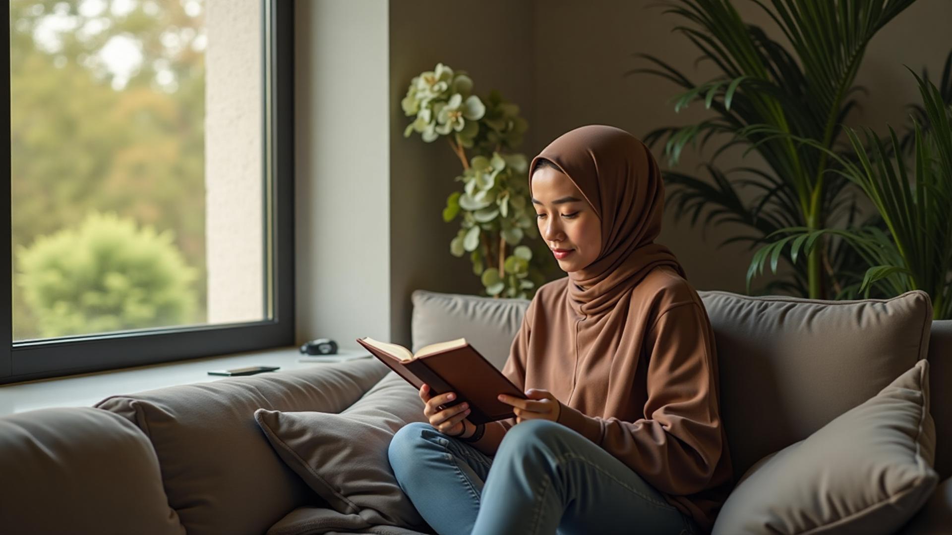 New Muslim peacefully learning Quran in quiet home setting
